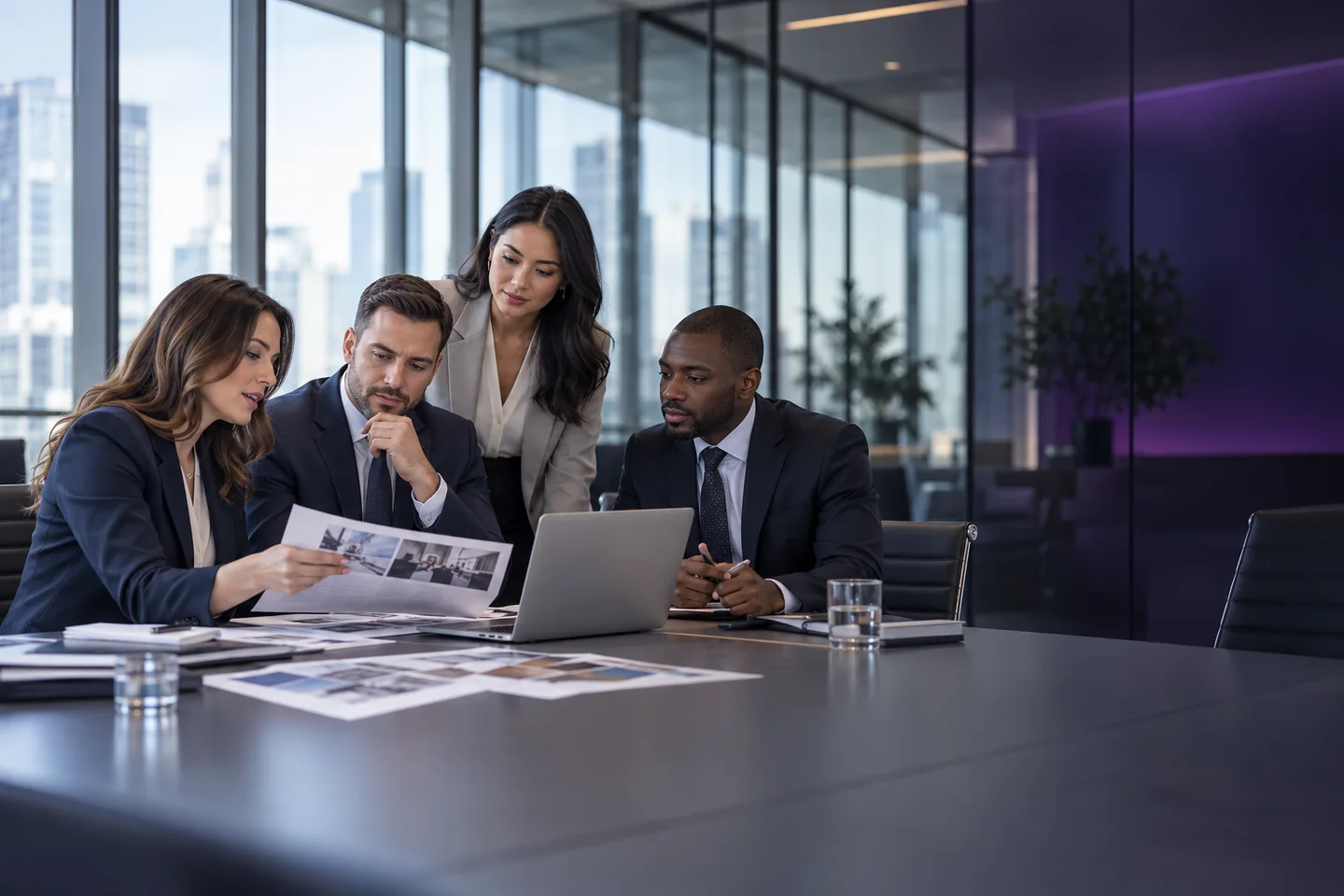 Illustrative AI-generated scene of four professionals reviewing a marketing plan in a boardroom